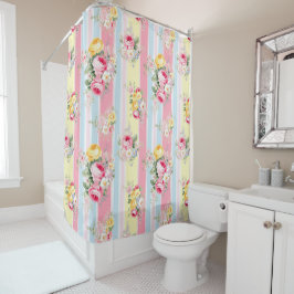 Cortina De Ducha Floral rosada rayada