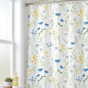 Cortina De Ducha Floral Silvestre Acuarela Azul Amarillo