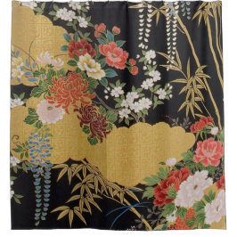 Cortina De Ducha Floral tradicional japonesa de kimono negro y dora