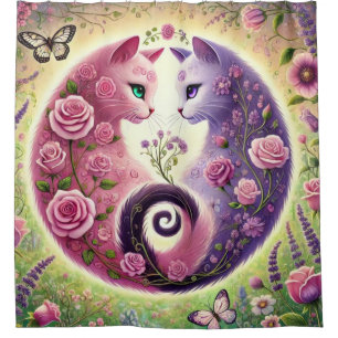 Cortina De Ducha Floral Yin Yang Cats Illustration