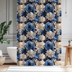 Cortina de ducha floreada elegante azul blanca mar