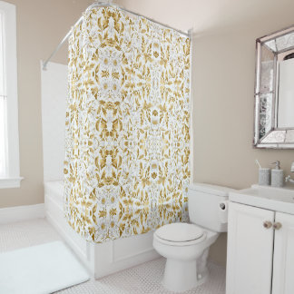 Cortina De Ducha Floreciente rama floral de oro en fondo blanco