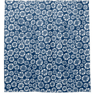 Cortina De Ducha Flores abstractas 031023 - Blanco sobre azul shibo