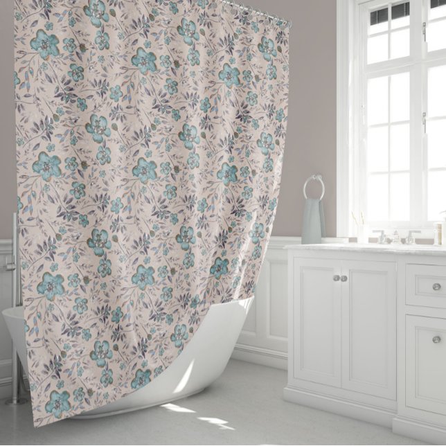 Cortina De Ducha Flores acuarelas de moda (Elegant Blue Chic Taupe Watercolor Flowers Shower Curtain from Studio Posies.)