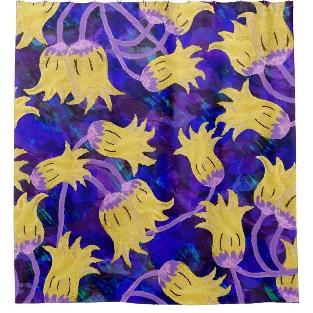 Cortina De Ducha Flores amarillas: fondo oscuro acuarela arte (Anverso)