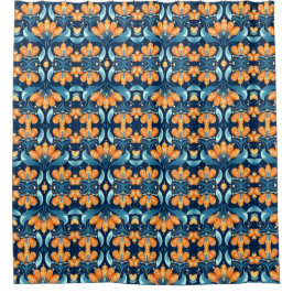 Cortina De Ducha Flores azul naranja Art Deco