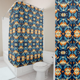 Cortina De Ducha Flores azul naranja Art Deco