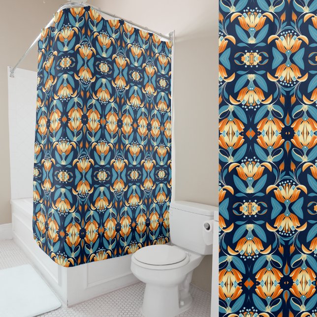 Cortina De Ducha Flores azul naranja Art Deco (Subido por el creador)