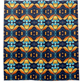 Cortina De Ducha Flores azul naranja Art Deco