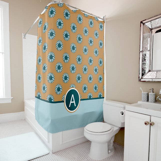 Cortina De Ducha Flores azules de girasol monogramo (Monogram Sunflower Blue Floral Shower Curtain from Studio Posies. )