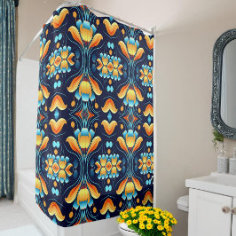Cortina De Ducha flores azules naranjas Art Deco
