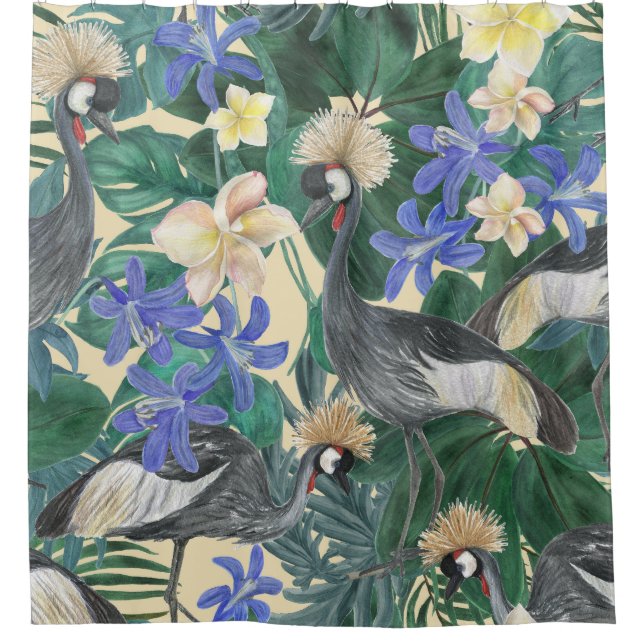 Cortina De Ducha Flores Azules Plumerias, Acuarela Seamless. (Anverso)