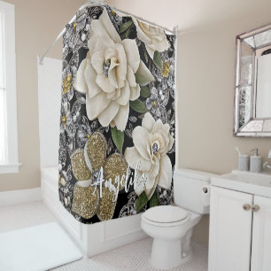 Cortina De Ducha Flores blancas con nombre Purpurinas y personaliza