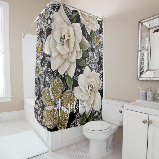 Cortina De Ducha Flores blancas con nombre Purpurinas y personaliza (In situ)