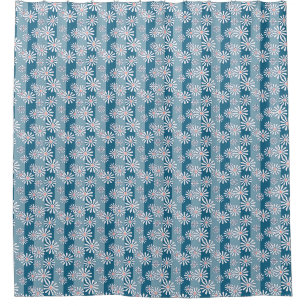 Cortina De Ducha Flores blancas de manzanilla sobre fondo azul raya