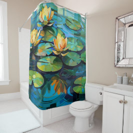 Cortina De Ducha Flores de agua y flores de loto pintura acuarela