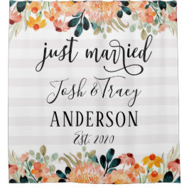 Cortina De Ducha Flores de color de agua y rayas recién casadas