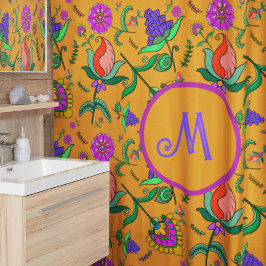 Cortina De Ducha Flores de color Kalamkari fondo amarillo verde