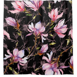 Cortina De Ducha Flores de magnolia rosa en un patrón de ramita