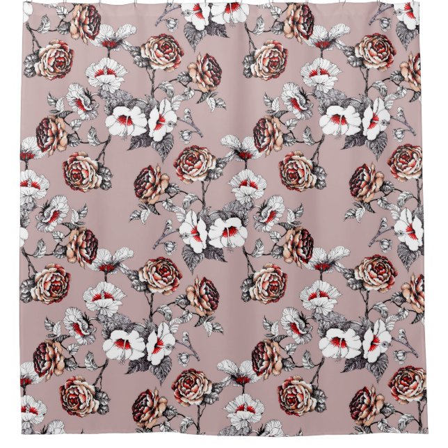 Cortina De Ducha Flores dibujadas a mano, acuarela rosa. (Anverso)