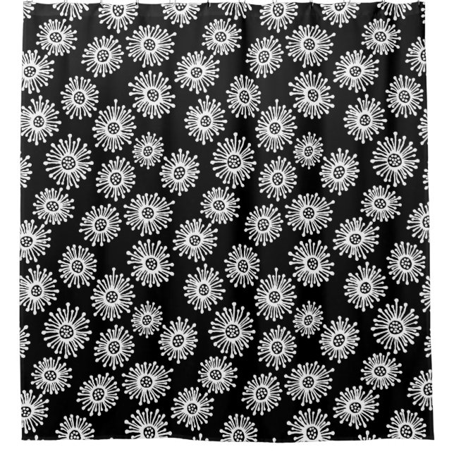 Cortina De Ducha Flores dibujadas a mano - Blanco sobre negro (Anverso)