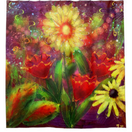 Cortina De Ducha Flores florales Flores Abstracto Art Rojo Amarillo