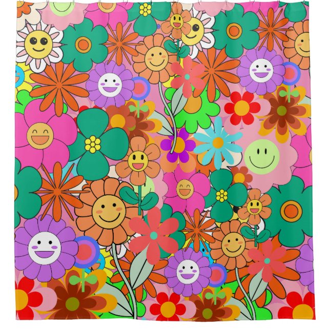 Cortina De Ducha Flores Hippie Retro Groovy Boho (Anverso)