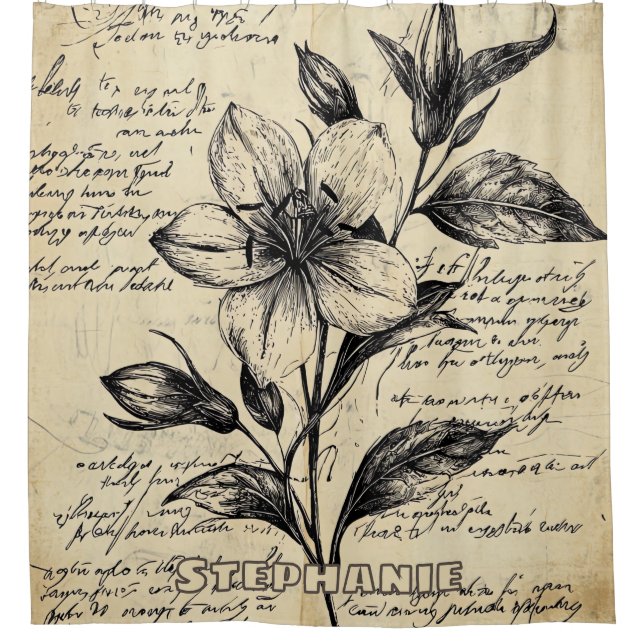Cortina De Ducha Flores Marrón Antiguo Caligrafía Pergamino (Anverso)