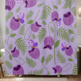 Cortina De Ducha Flores Moradas Dibujadas a Mano Helechos y Maripos