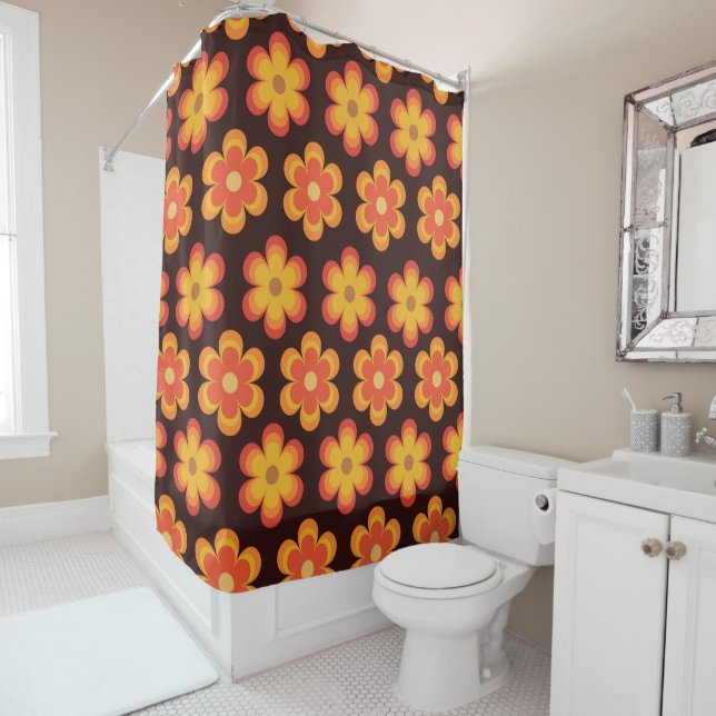 Cortina De Ducha Flores Naranja y Amarillo Groovy Retro 70s  (In situ)
