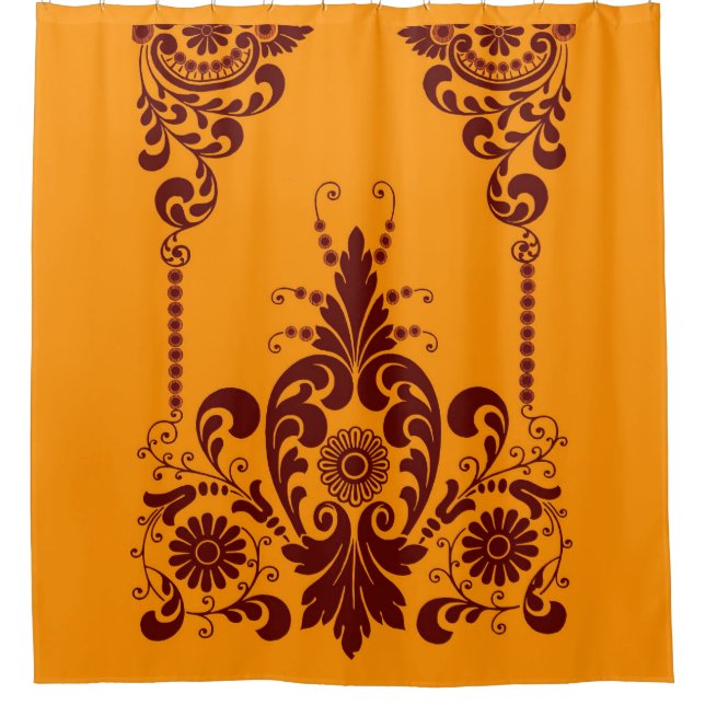 Cortina De Ducha flores naranjas y estampado de volutas (Anverso)