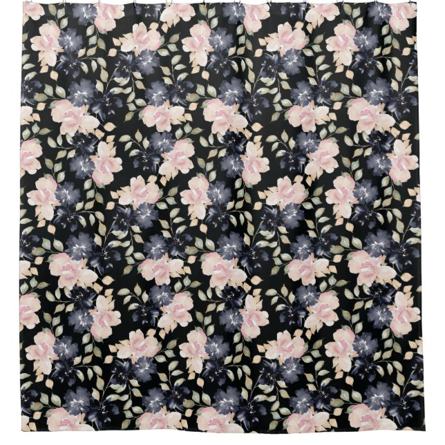 Cortina De Ducha flores negras hermosas de acuarela (Anverso)