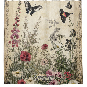 Cortina De Ducha Flores, pájaros y mariposa sobre papel de edad (2)