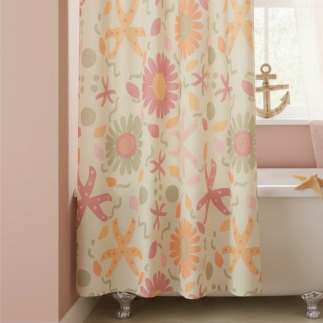 Cortina De Ducha Flores Pastel Y Starfish En Crema (Feminine and cute curtain for the playful side of anyone. If you are a beach lover, this is for you.)