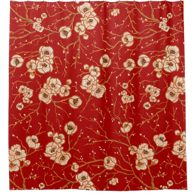 Cortina De Ducha Flores pequeñas con motivos rojos (Anverso)