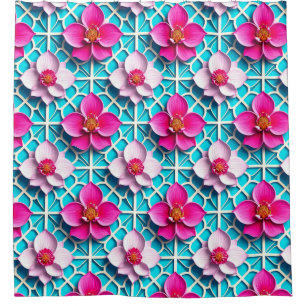 Cortina De Ducha Flores rosadas sobre un fondo azul geométrico