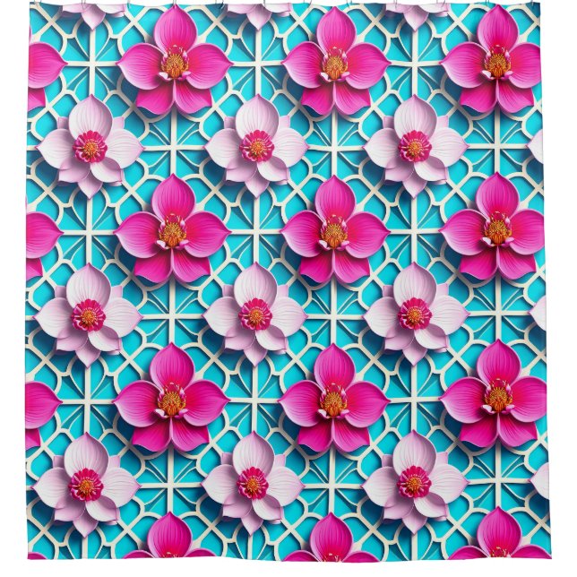 Cortina De Ducha Flores rosadas sobre un fondo azul geométrico (Anverso)