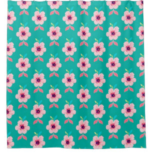 Cortina De Ducha Flores rosadas y hojas sobre fondo azul turquesa