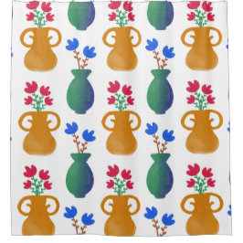 Cortina De Ducha Flores rosas y azules en macetas