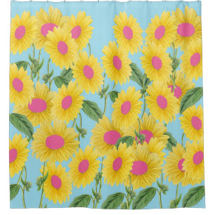 Cortina De Ducha Flores Rústicas Vintage Rosa Sunflower Pastel Azul