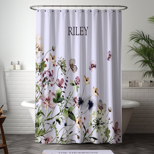 Cortina De Ducha Flores Silvestres Moradas Acuarela Monogramadas (In situ bathroom)