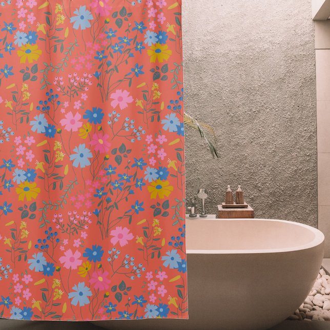 Cortina De Ducha Flores Silvestres Rojas Boho Modernas (Modern Boho Red Floral Wildflowers Shower Curtain)