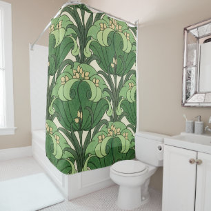 Cortina De Ducha Flores verdes a gran escala en suelo blanco roto