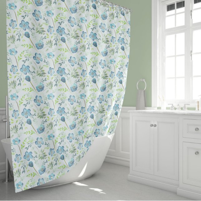 Cortina De Ducha Flores verdes azules elegantes (Elegant Blue Green Watercolor Flowers Shower Curtain from Studio Posies.)