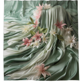 Cortina De Ducha Flores verdes, crema, sedas y rosadas