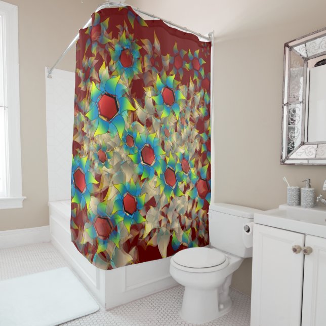 Cortina De Ducha Flores virtuales raras, pétalos azulados sobre roj (In situ)