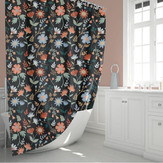 Cortina De Ducha Flores Y Hojas Modernas (Modern Flowers And Leaves Girly Black Orange Blue Shower Curtain from Studio Posies.)