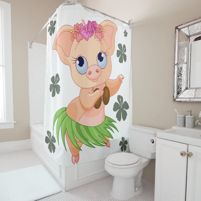 Cortina De Ducha Fondo blanco de cerdo hawaiano con danza divertida (In situ)