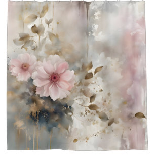 Cortina De Ducha Fondo gris de las flores Wabi-Sabi rosadas y dorad