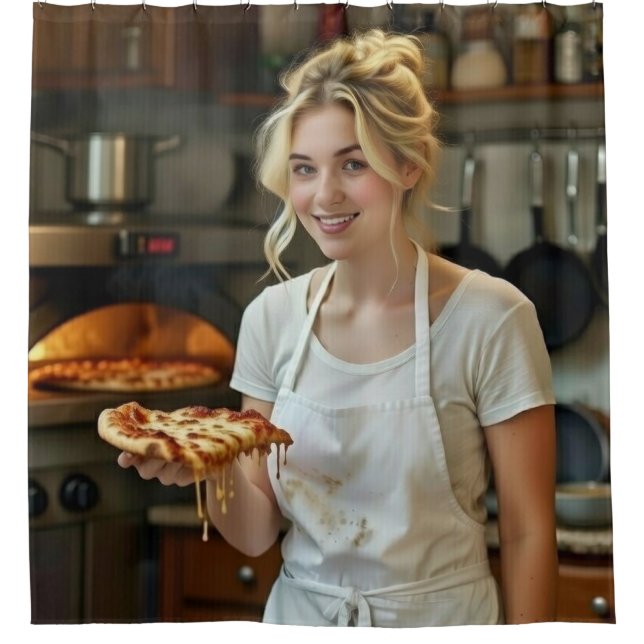 Cortina De Ducha Foto de comer pizza personalizar (Anverso)